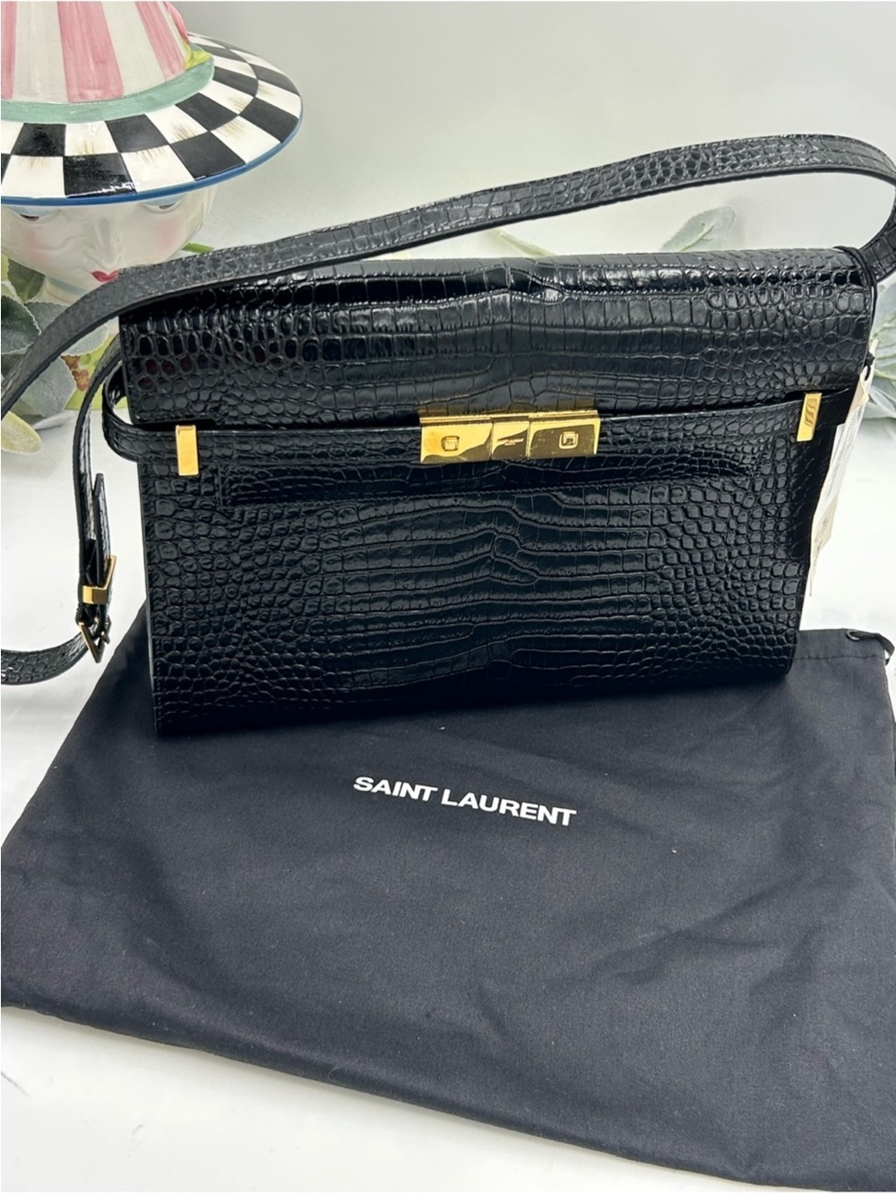 Saint Laurent Black Manhattan Croc-Embossed Shoulder Bag with Gold Hardware